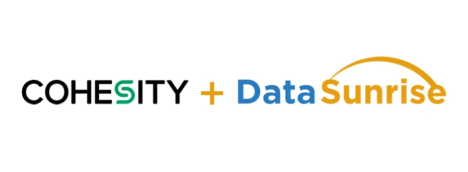 Cohesity + DataSunrise - graphic banner showing Cohesity and DataSunrise logos with a plus sign on a white background.