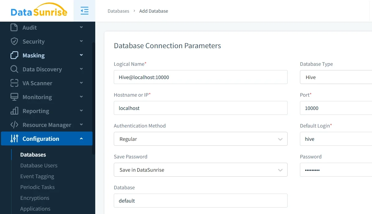 Data Masking Tools and Techniques for Apache Hive - Data masking UI showing module navigation across Audit, Security, Masking, Data Discovery, Scanner, Monitoring, and Reporting, with a side menu for Databases, Database Users, Event Tagging, Periodic Tasks, Encryptions, and Applications, and a Database Connection Parameters panel including Logical Name and Hostname/Location.