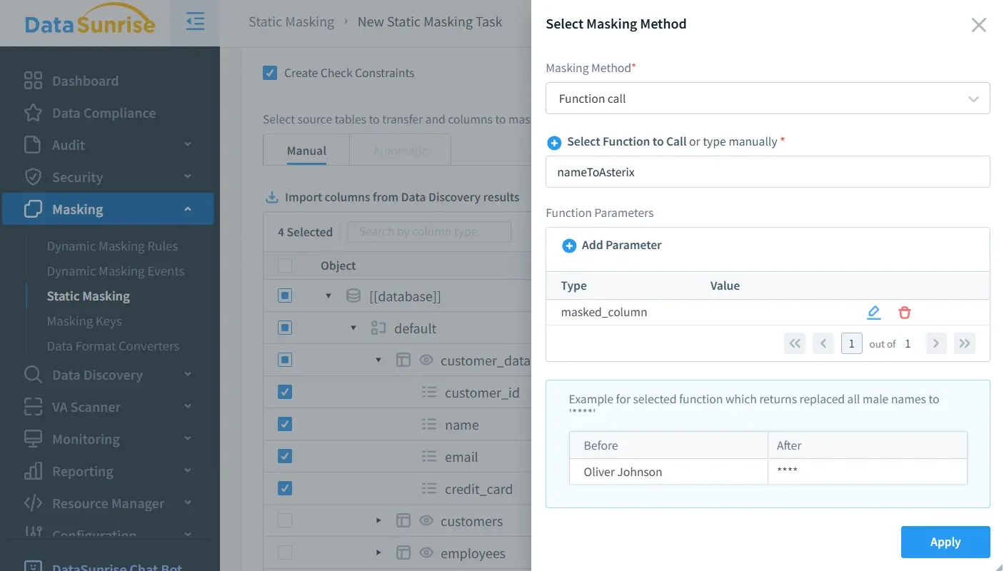 Data Obfuscation in Apache Hive: Practical Masking Strategies for Shared Analytics - UI screenshot of a DataSunrise masking dashboard: left navigation lists Dashboard, Data Compliance, Audit, Security, and Masking sections, with subitems for Dynamic Masking Rules, Dynamic Masking Events, Static Masking, Masking Keys, Data Format Converters, Data Discovery, VA Scanner, Monitoring, Reporting, and Resource Manager; visible actions include New Static Masking Task and Create Check Constraints.