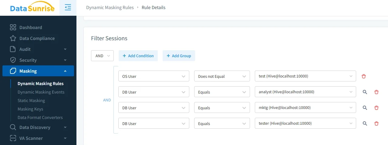 Data Obfuscation in Apache Hive: Practical Masking Strategies for Shared Analytics - UI screenshot of DataSunrise masking console showing sections for Dashboard, Data Compliance, Audit, Security, and various masking features including Dynamic Masking Rules, Dynamic Masking Events, Static Masking, Masking Keys, Data Format Converters, Data Discovery, and VA Scanner, with a Rule Details panel and session filtering options.