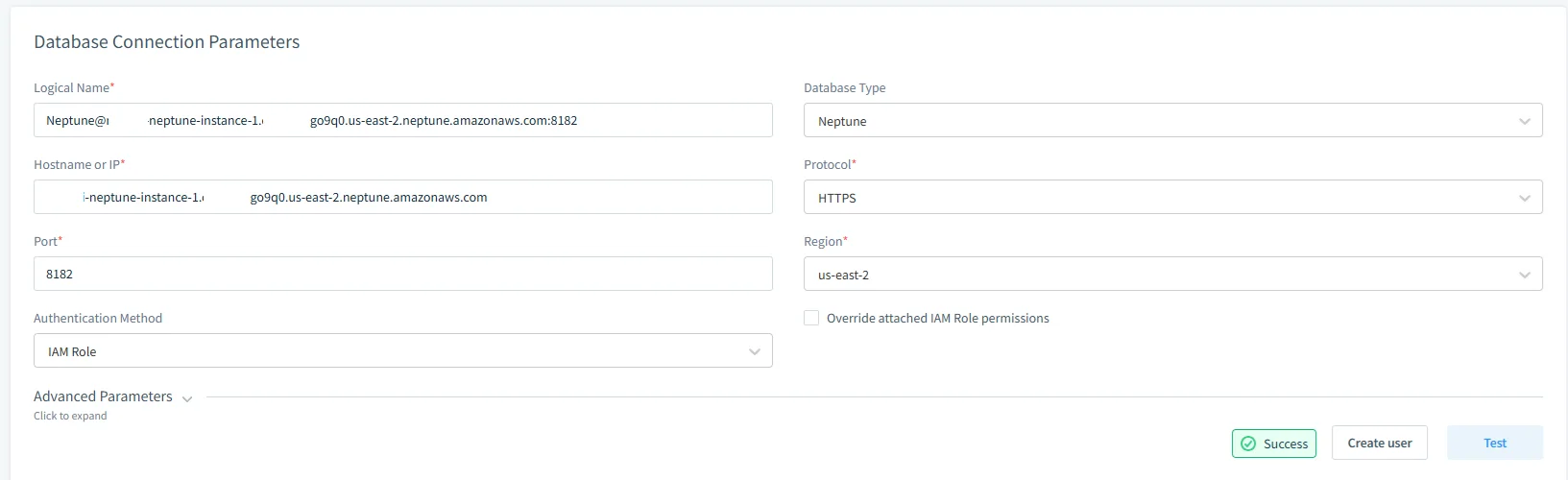 Sensitive Data Discovery for Amazon Neptune - UI panel showing Database Connection Parameters with Neptune endpoint and IAM Role authentication
