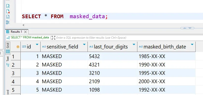 Sensitive Data Protection in Apache Hive - UI showing a SQL query result from masked_data with sensitive_field values replaced by MASKED; the display includes sample last-four digits (5432, 4321, 3210, 2109, 1098) and birth dates masked as 1985-xx-xx, 1990-xx-xx, 1995-xx-xx.