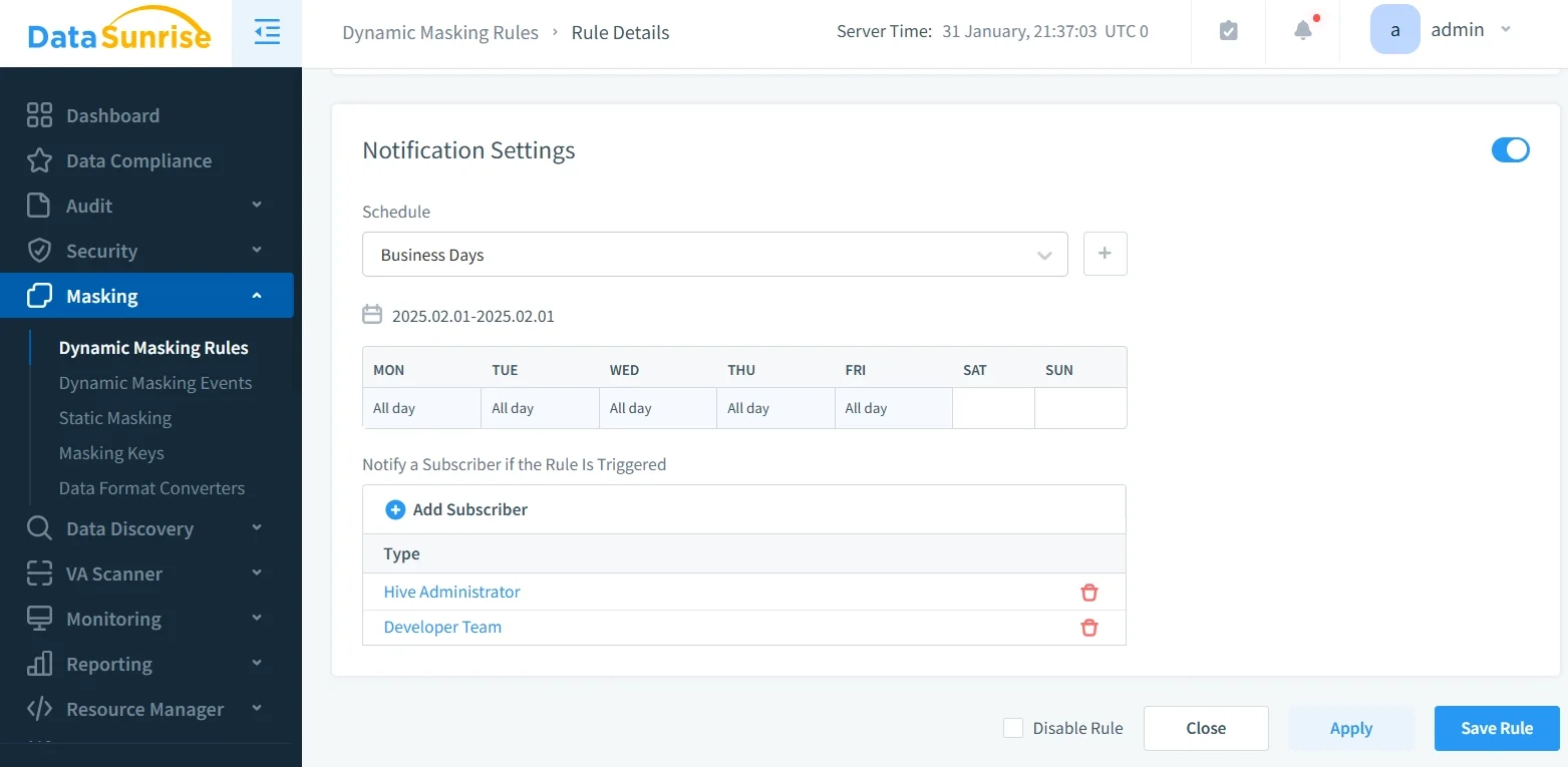 Sensitive Data Protection in Apache Hive - DataSunrise security dashboard screenshot showing navigation and panels for Data Compliance, Audit, Security and masking features including Dynamic Masking Rules, Dynamic Masking Events, Static Masking, Masking Keys, Data Format Converters, Data Discovery, VA Scanner, Monitoring, and Reporting, plus Resource Manager and a Server Time indicator.