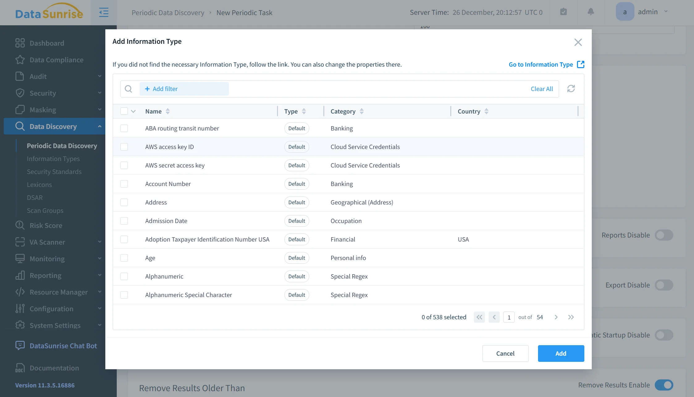 Sensitive Data Protection in ClickHouse - UI screen of the Periodic Data Discovery module with controls for Add Information Type and New Periodic Task, a Server Time indicator, a 00 Dashboard header, and top navigation including Data Compliance, Audit, Security, Masking, DSAR, and Data Discovery.