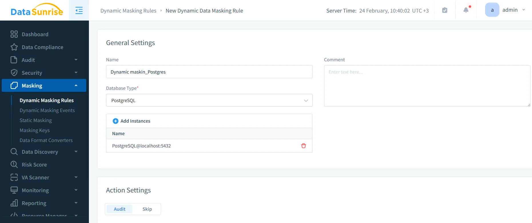 Sensitive Data Protection in PostgreSQL - UI for configuring Dynamic Masking Rules on PostgreSQL, showing fields: Name, Database Type=PostgreSQL, Add Instances, Action Settings, New Dynamic Data Masking Rule, Server Time, Comment, and a left navigation with Dashboard, Data Compliance, Audit, Security, Masking.