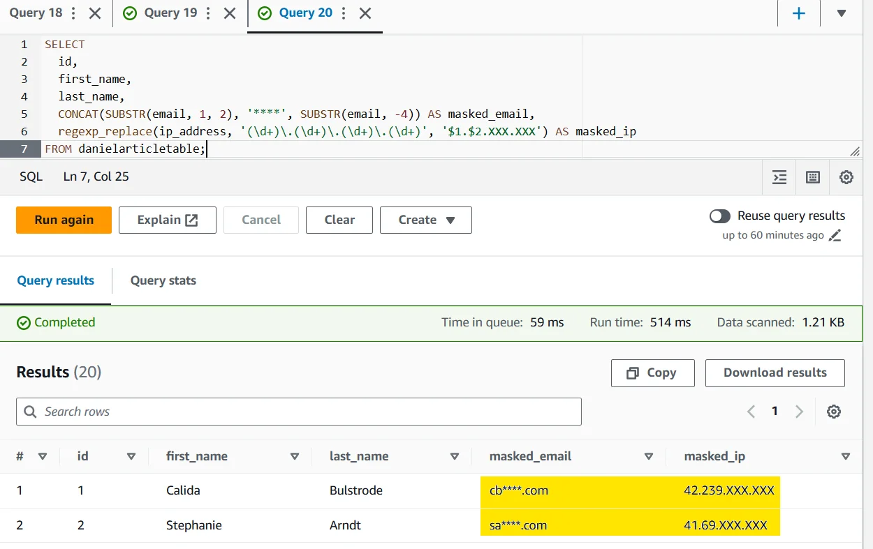 Untitled - Multi-query SQL editor with Queries 18–20 visible; fragments include 'SELECT', 'regexp replace(ip address,', 'FROM danielarticletable;', and 'SUBSTR(email,'; the right pane contains a 'Query results' area showing columns such as id, first name, last name and sample rows including Bulstrode and Arndt, with UI controls 'Run again', 'Cancel', 'Clear' and status indicators 'Completed'.