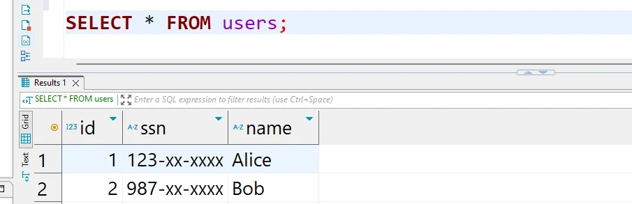 Untitled - SQL query editor with a 'SELECT * FROM users;' statement and a results grid showing columns id, ssn (masked), and name; two rows show 123-xx-xxxx Alice and 987-xx-xxxx Bob, plus a prompt 'Enter a SQL expression to filter results'.