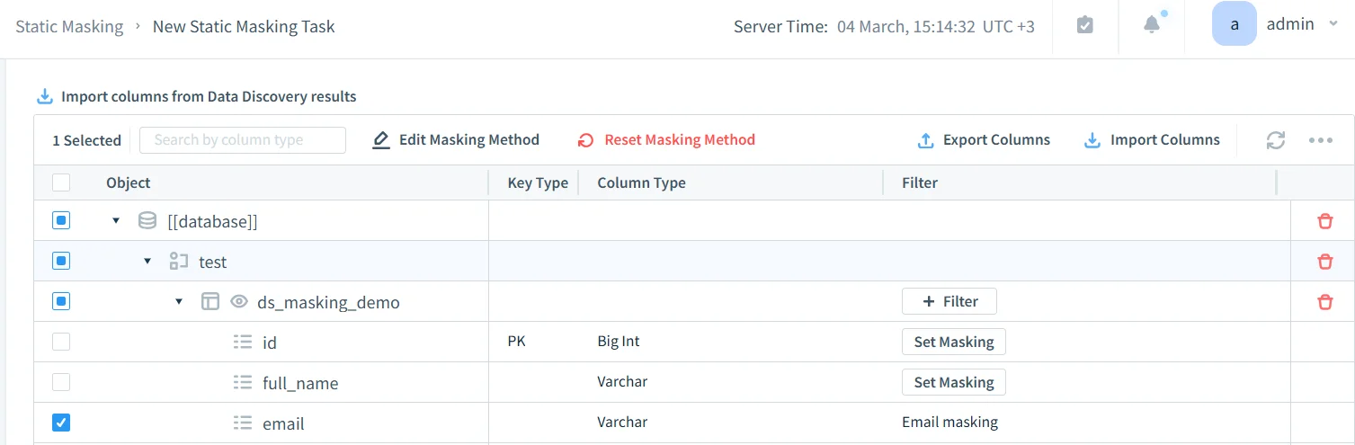 Untitled - Static Masking task setup screen showing New Static Masking Task, Import columns from Data Discovery results, column type search, and masking method controls; server time and user context visible.