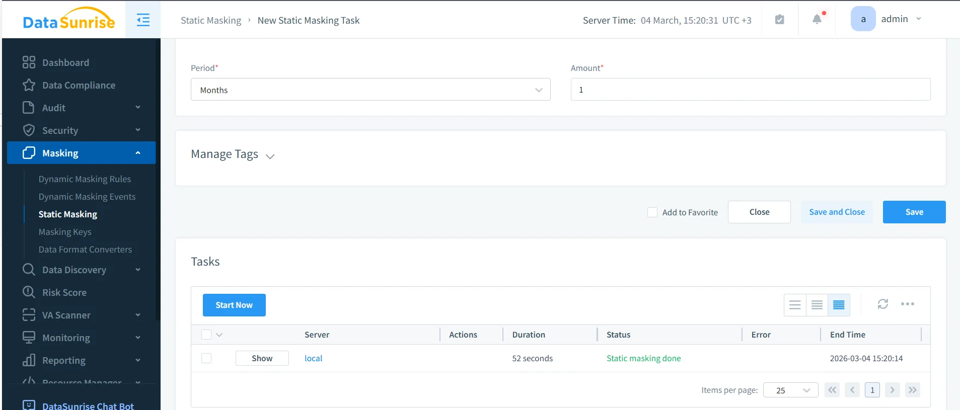 Untitled - Left navigation menu of a data protection dashboard with sections: Dashboard, Data Compliance, Audit, Security, Masking (Dynamic Masking Rules, Dynamic Masking Events, Static Masking), Masking Keys, Data Format Converters, Data Discovery, Risk Score, VA Scanner, Monitoring, and Reporting; also Period selector (Months) and options for Manage Tags and Tasks.