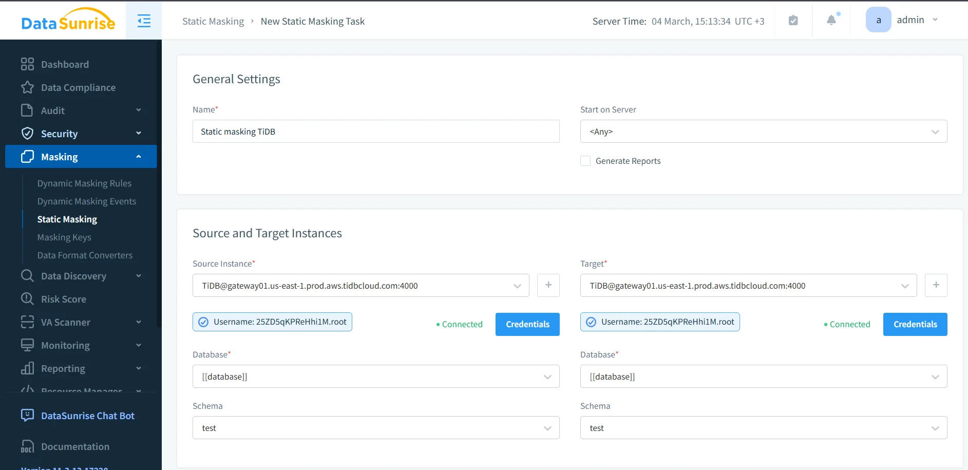 Untitled - Static Masking Task creation screen with server time and a left navigation bar listing Dashboard, Data Compliance, Audit, Security, Masking, Dynamic Masking Rules, Dynamic Masking Events, Static Masking, Masking Keys, Data Format Converters, Q Data Discovery, and Q Risk Score.