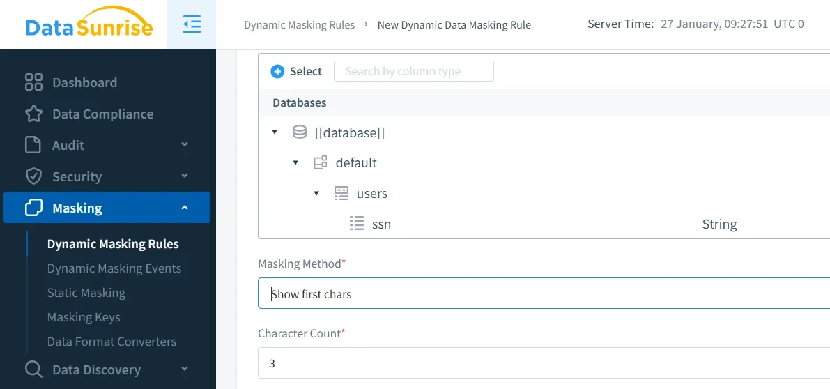 Untitled - DataSunrise dashboard showing the New Dynamic Data Masking Rule form: selecting database default, users.ssn column, masking method 'Show first chars' with character count 3, plus server time.