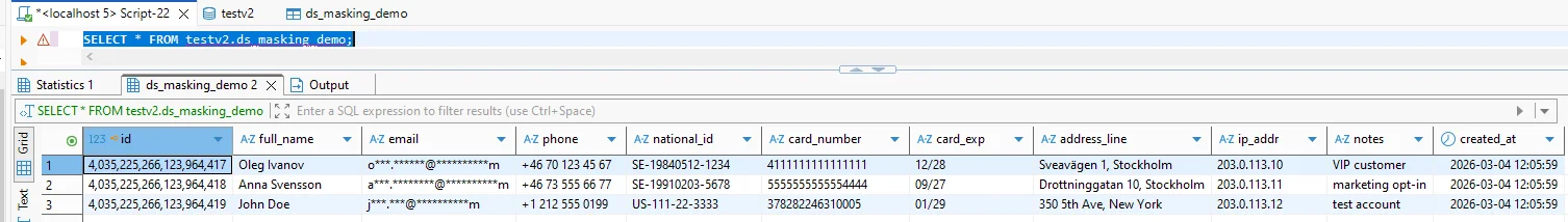 Untitled - SQL editor panel displaying dataset testv2.ds_masking_demo with sample rows for full name, email, and phone, and a prompt 'Enter a SQL expression to filter results (use Ctrl+Space)'.