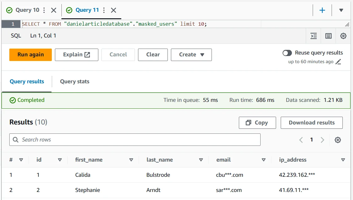 Untitled - SQL editor screenshot showing a query against danielarticledatabase.masked_users, with UI elements for Run again, Explain, and query results; the results pane lists last names Bulstrode and Arndt, and a side panel displays timing stats such as Time in queue and Run time along with actions like Search rows, Cancel, Clear, and Create.