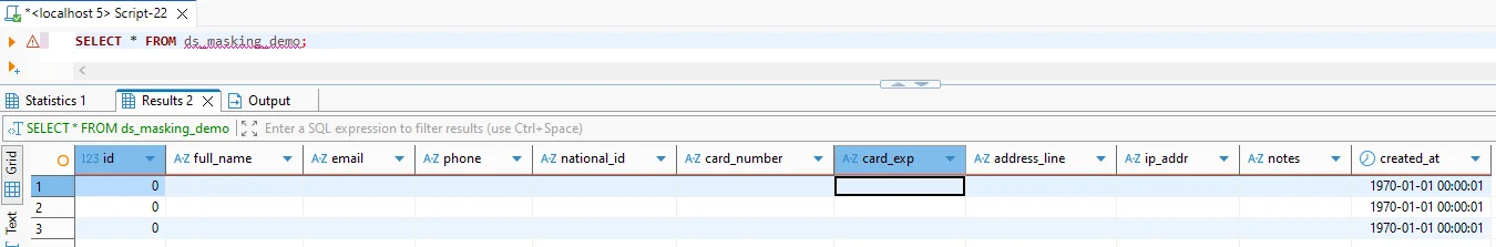 Untitled - SQL filter editor for masking_demo dataset, showing a query input prompt and a list of target fields (AZ full name, AZ email, AZ phone, AZ national id, AZ card number, AZ card exp, AZ address, AZ ip_addr, AZ notes, created at).