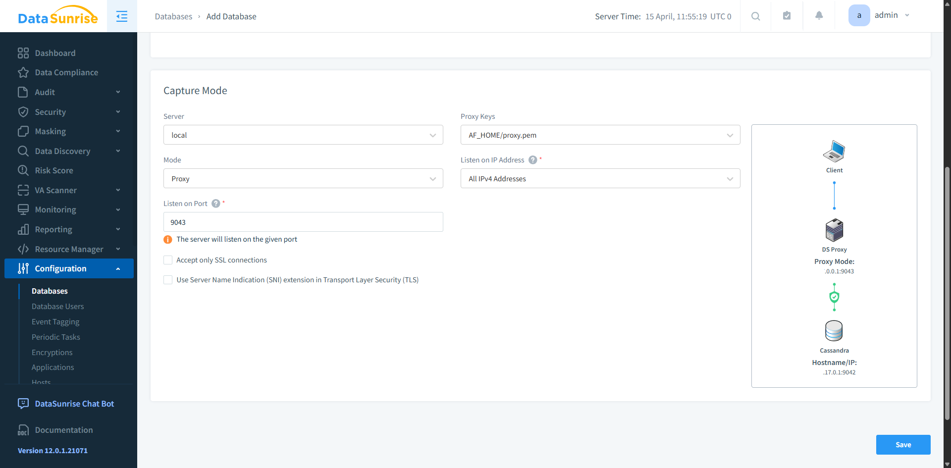 Google Cloud Bigtable connection settings in DataSunrise Web Console