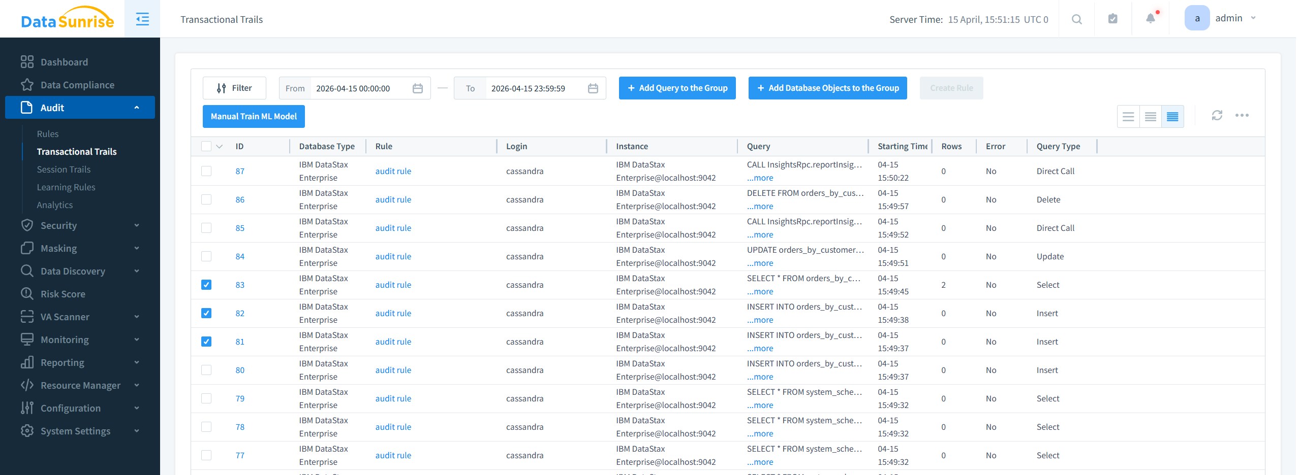 IBM DataStax Enterprise audit trail configuration in DataSunrise Web Console