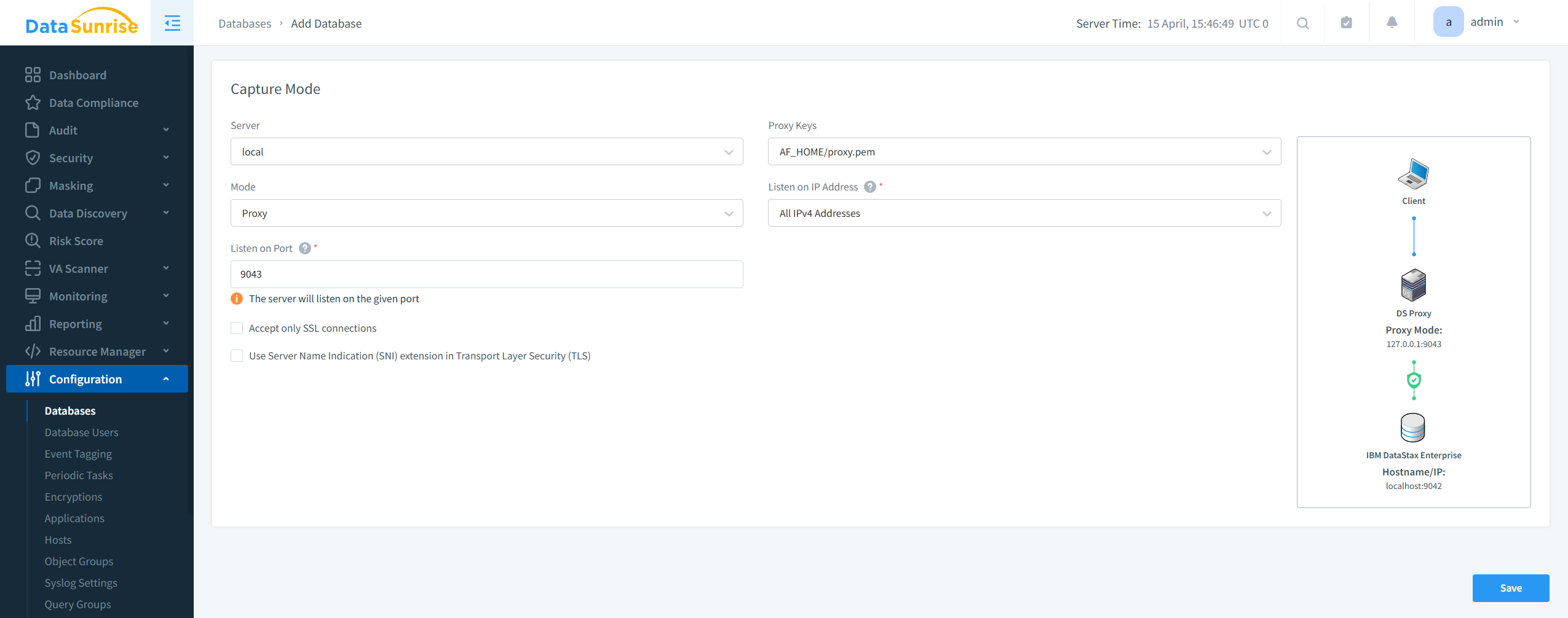 IBM DataStax Enterprise instance creation in DataSunrise Web Console