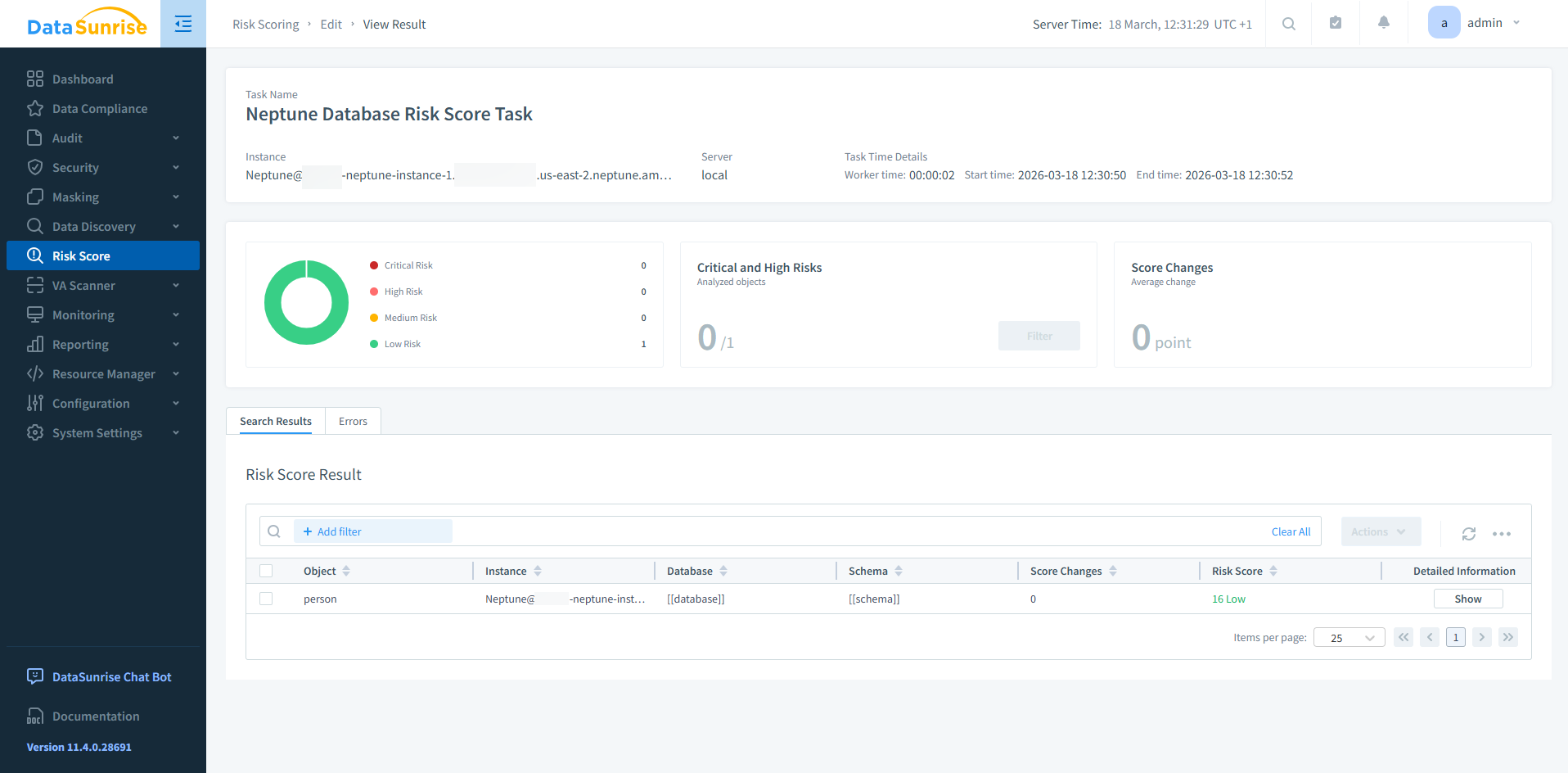 Neptune Database Risk Score task in DataSunrise Web Console