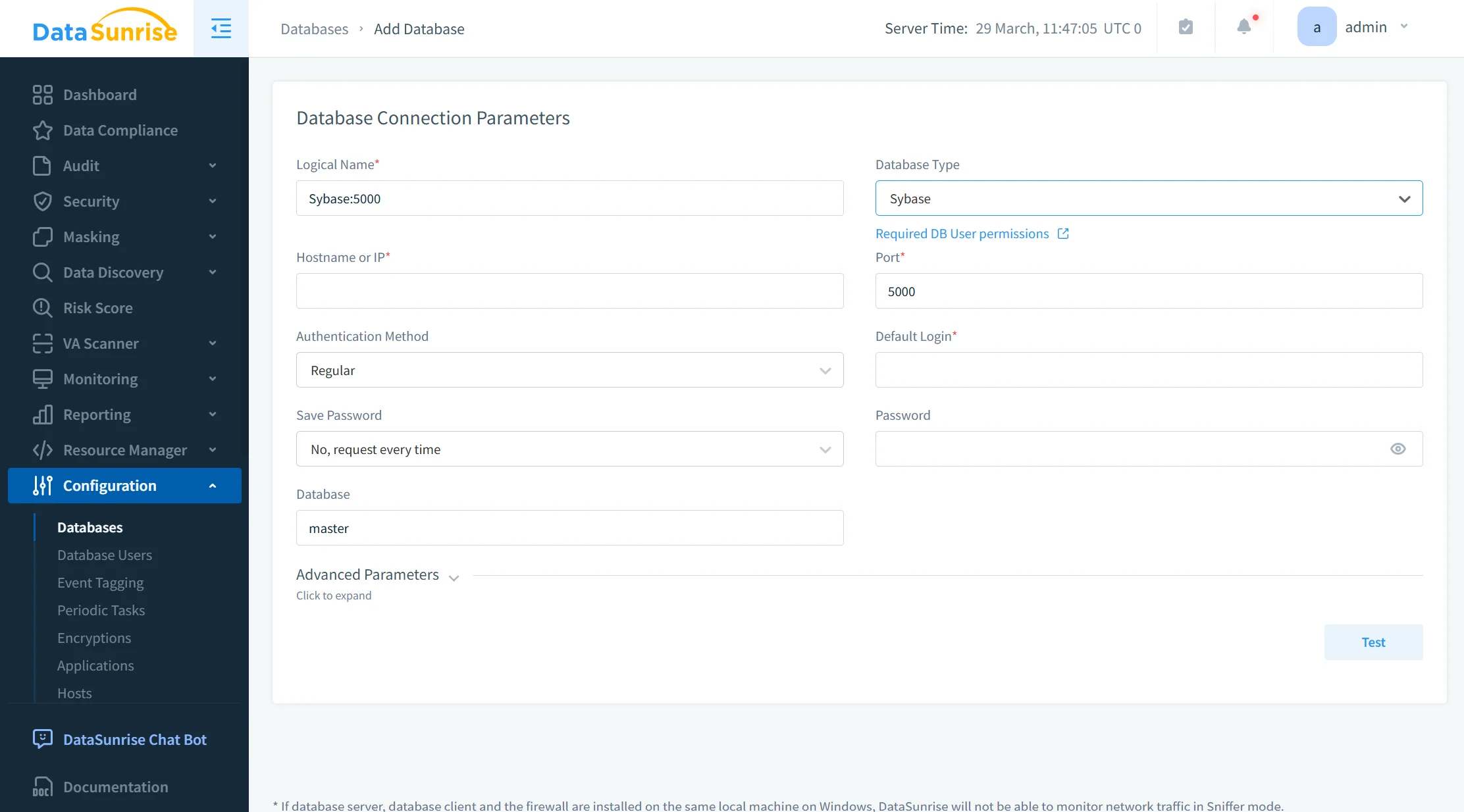 Untitled - Left navigation panel of DataSunrise UI listing modules: Dashboard, Data Compliance, Audit, Security, Masking, Data Discovery, Risk Score, Scanner, Monitoring, Reporting, Resource Manager, Configuration, Databases, Database Users, Event Tagging, Periodic Tasks, Encryptions, Applications, Hosts, DataSunrise Chat Bot, Documentation