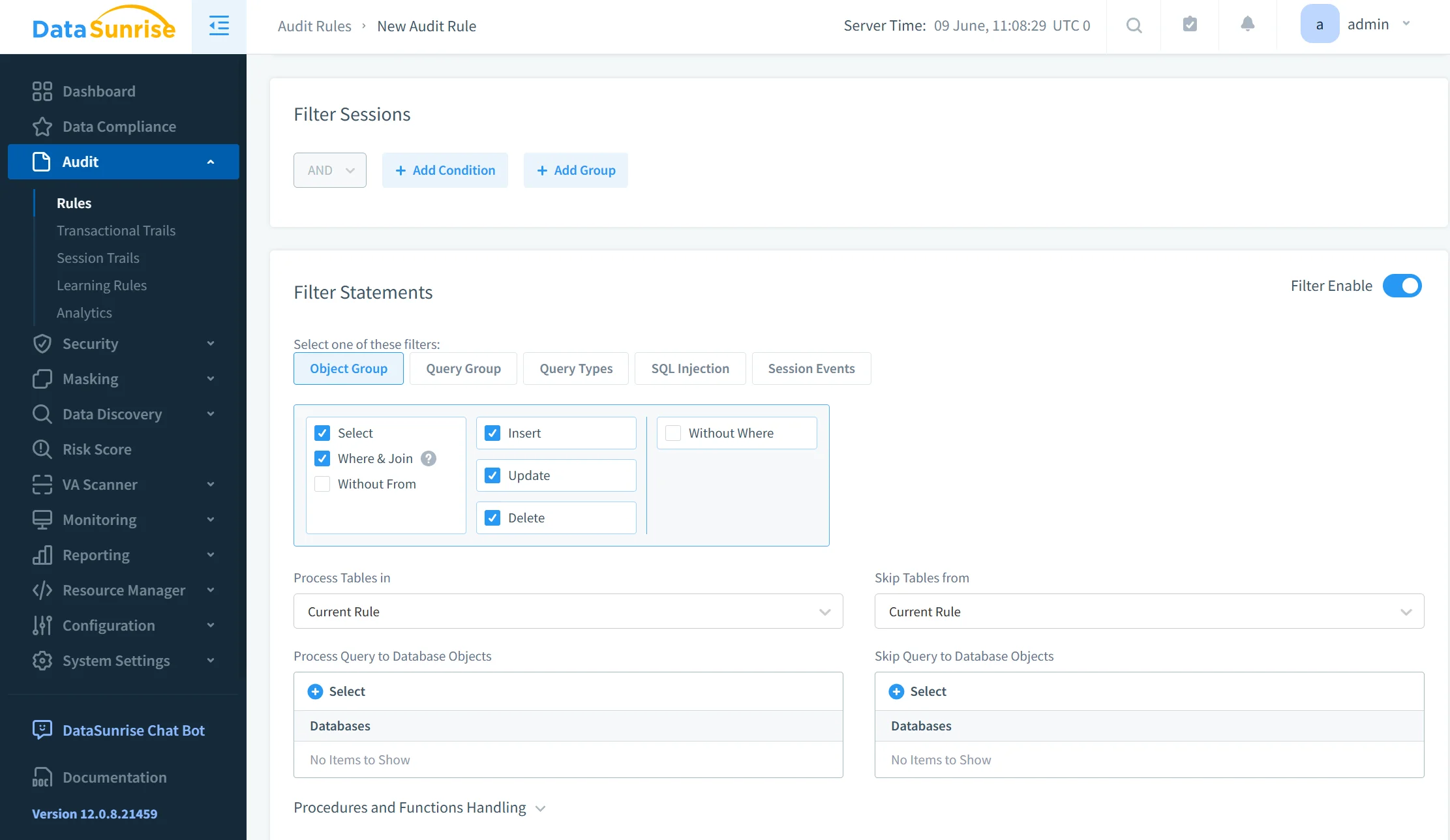 Amazon DocumentDB Data Audit Trail - DataSunrise interface screenshot