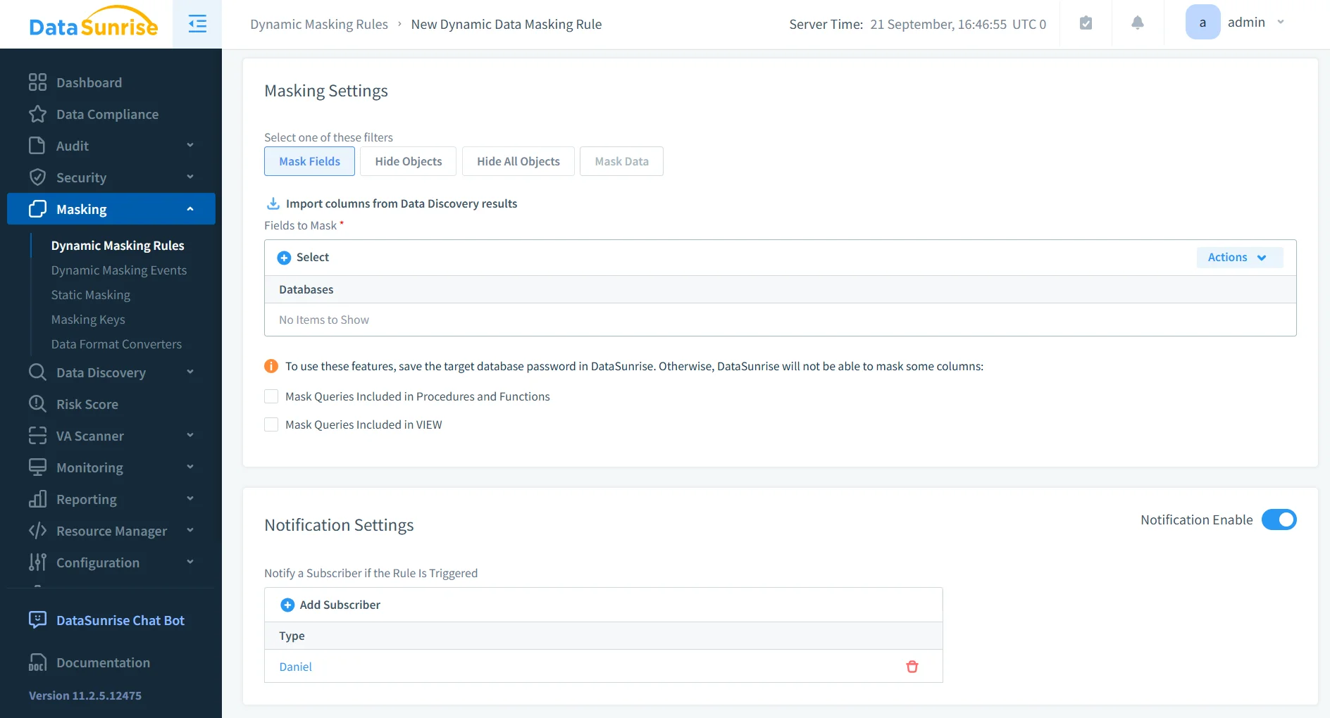 NLP, LLM & ML Data Compliance Tools for Amazon Redshift - DataSunrise interface screenshot