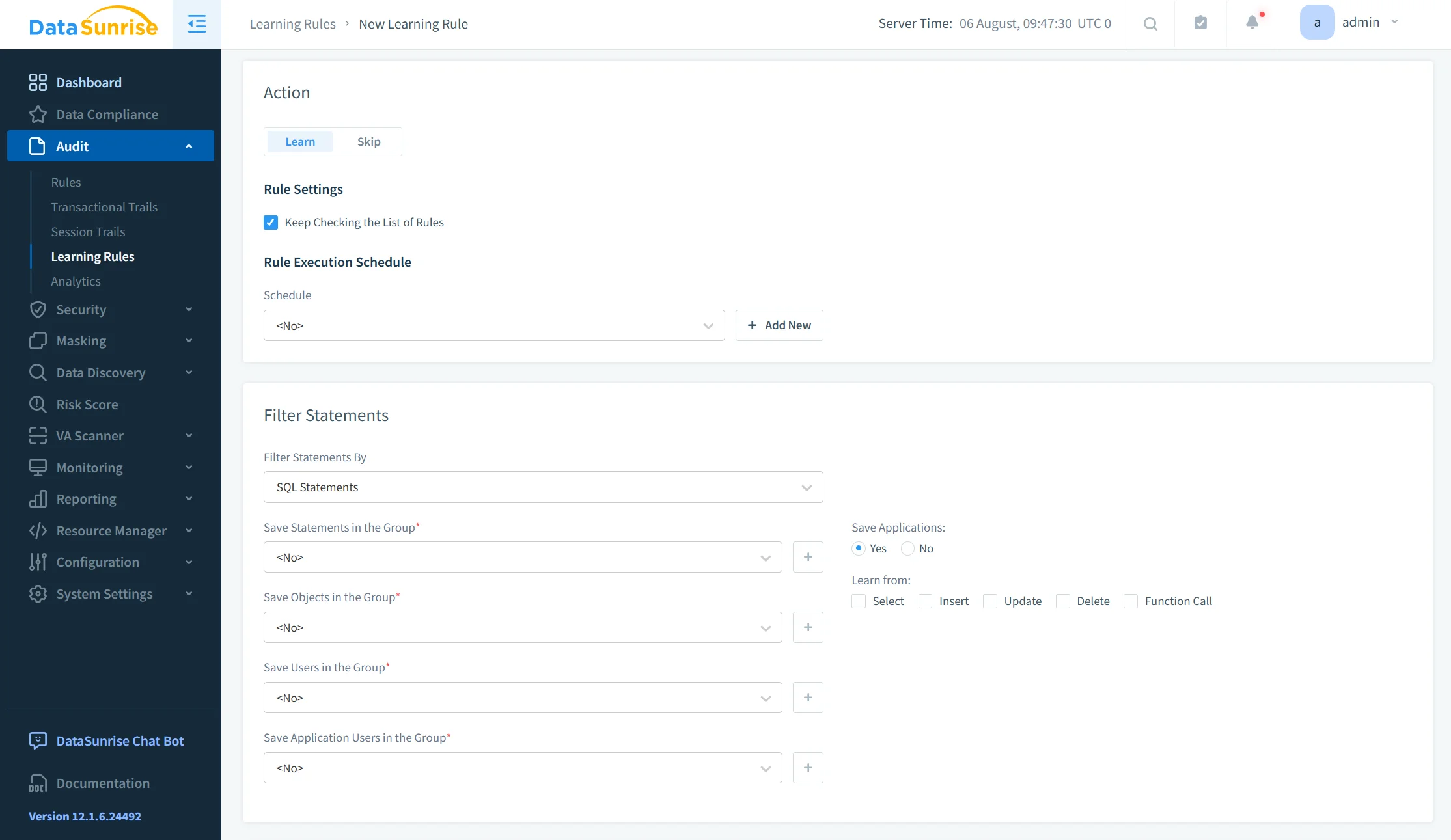 NLP, LLM & ML Data Compliance Tools for Amazon Redshift - DataSunrise interface screenshot