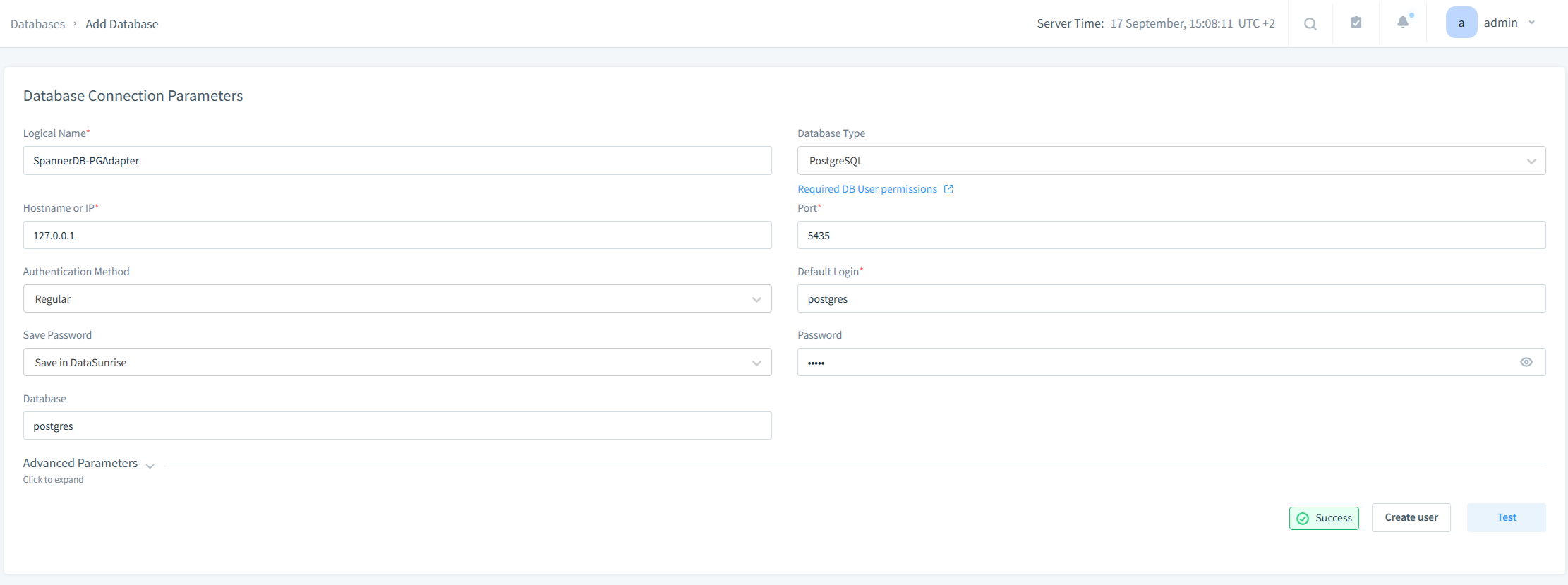 Connect Google Cloud Spanner to DataSunrise through PGAdapter: database connection parameters and successful connection test